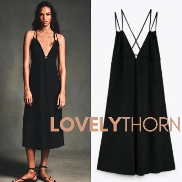 ZARA // black strappy plunge open back goddess midi dress - Picture 4 of 16